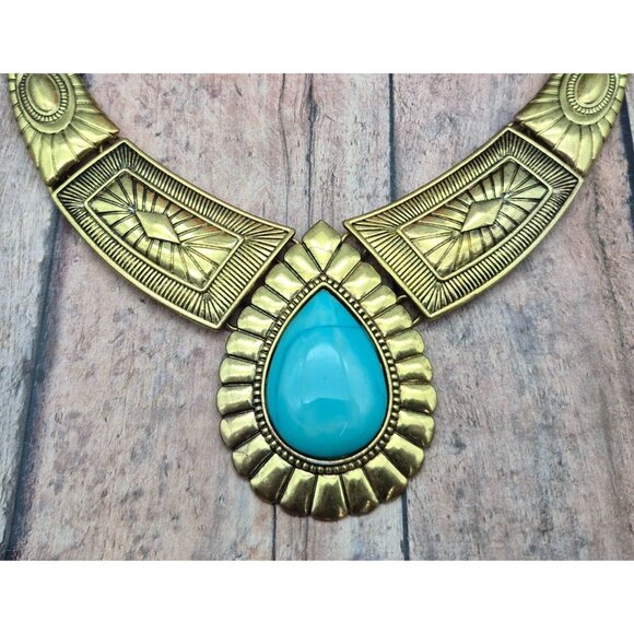 NWOT Gold Tone & Faux Turquoise Teardrop Bib Collar Necklace Southwestern 22" - Picture 2 of 10